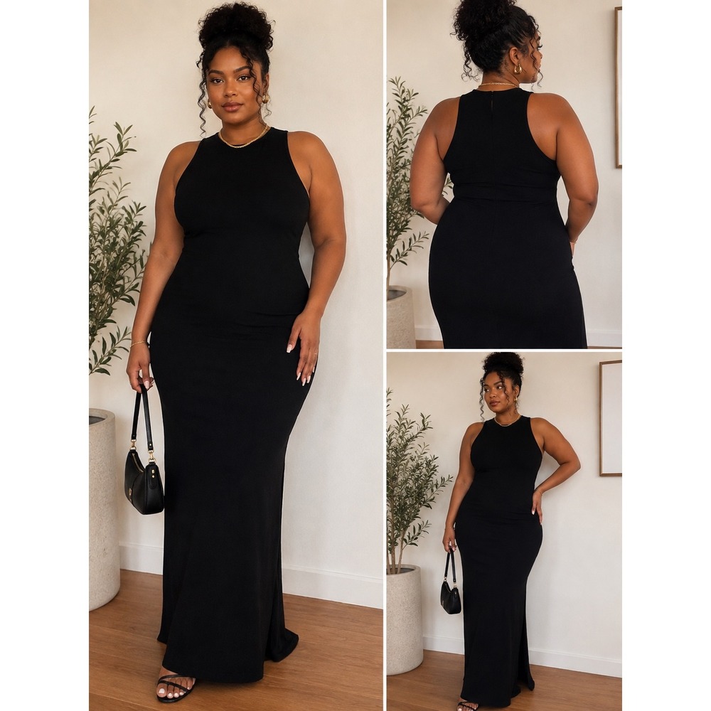 Popilush Built-In Shapewear Maxi Dress Black Ribbed Sleeveless Gown Large